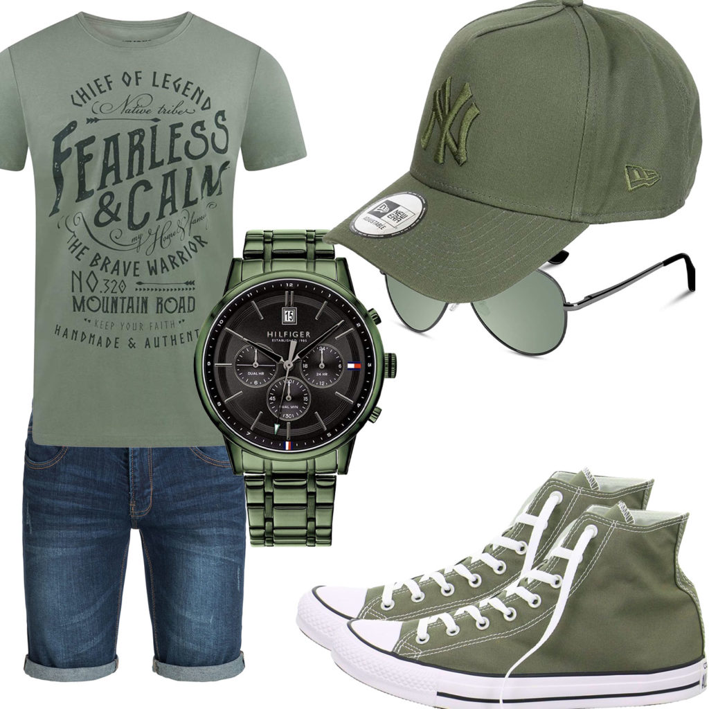 Grünes Herrenoutfit mit Cap, Shirt und Brille