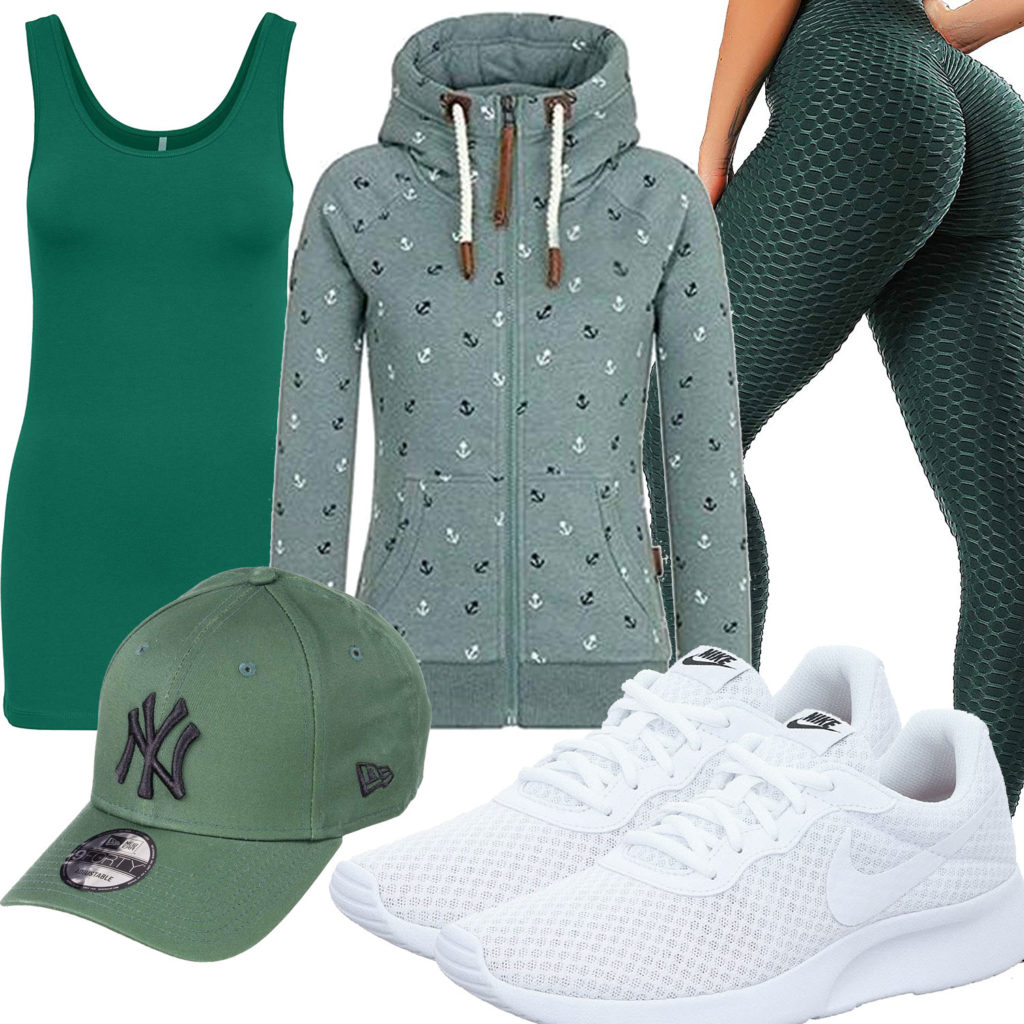 Grünes Frauenoutfit mit Hoodie, Cap und Top