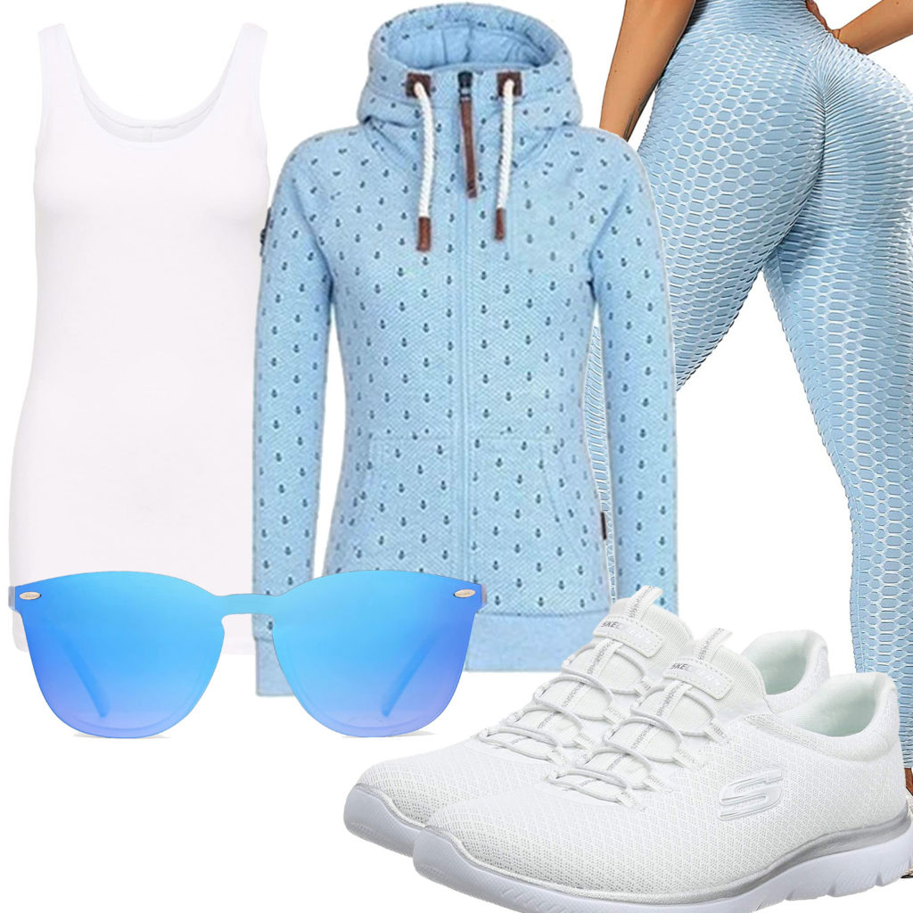 Sportliches Frauenoutfit in Weiß und Hellblau