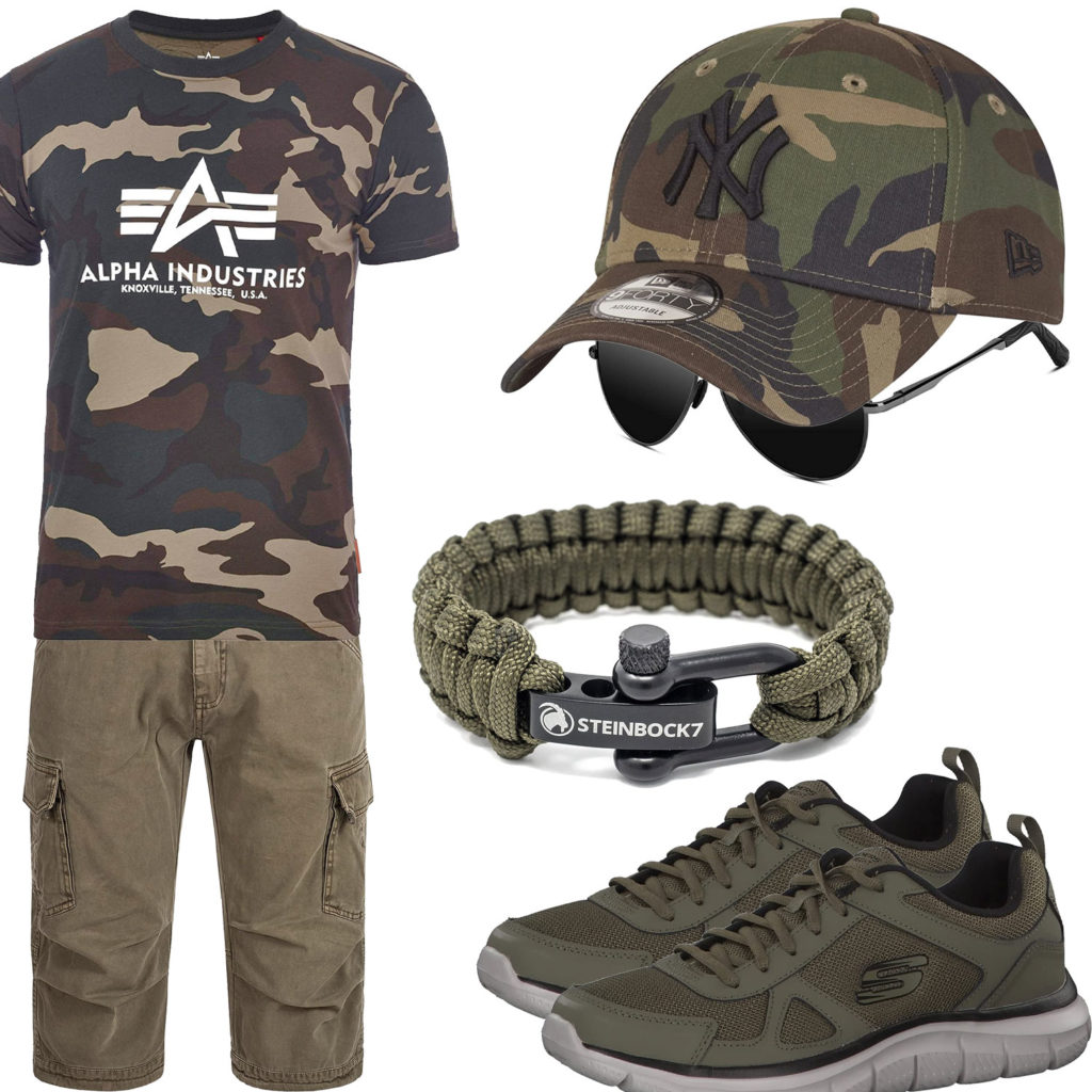 Camouflage Herrenoutfit mit Cargoshorts und Shirt