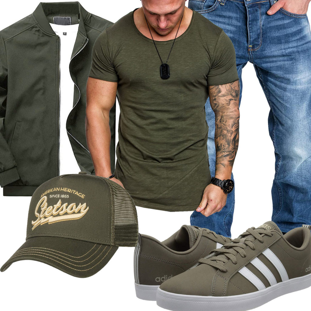 Grünes Herrenoutfit mit Cap, Adidas und Shirt