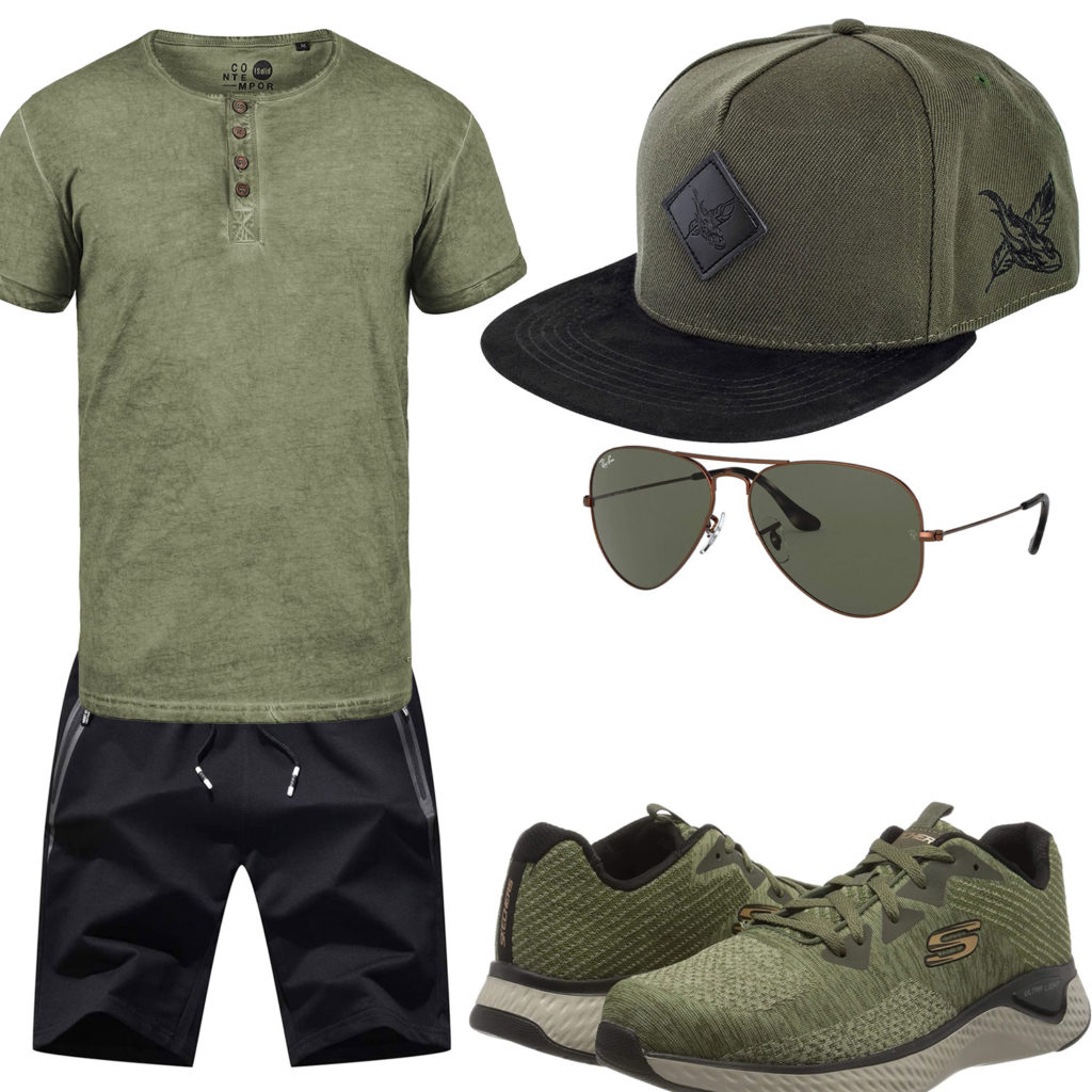 Grün-Schwarzes Herrenoutfit mit Sneakern und Cap