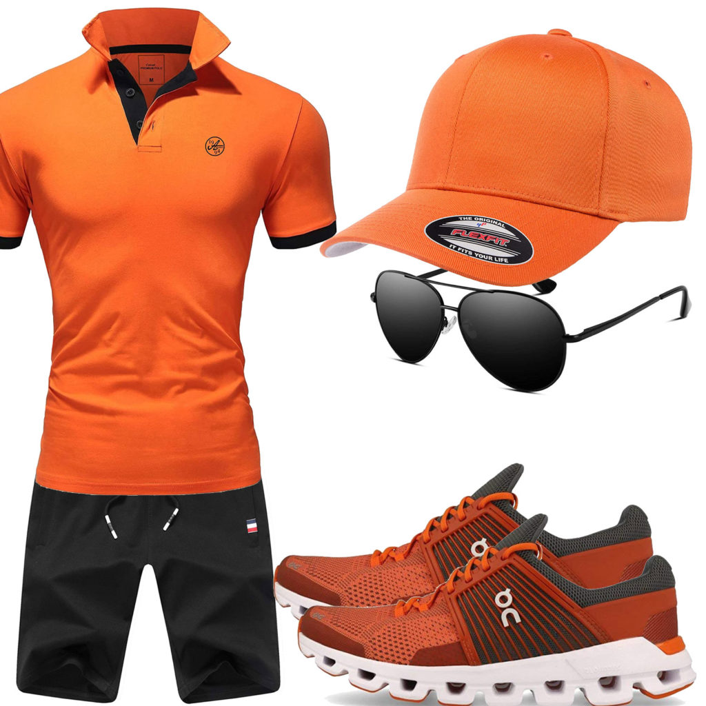 Orange-Schwarzes Herrenoutfit mit Cap, Sneakern und Brille