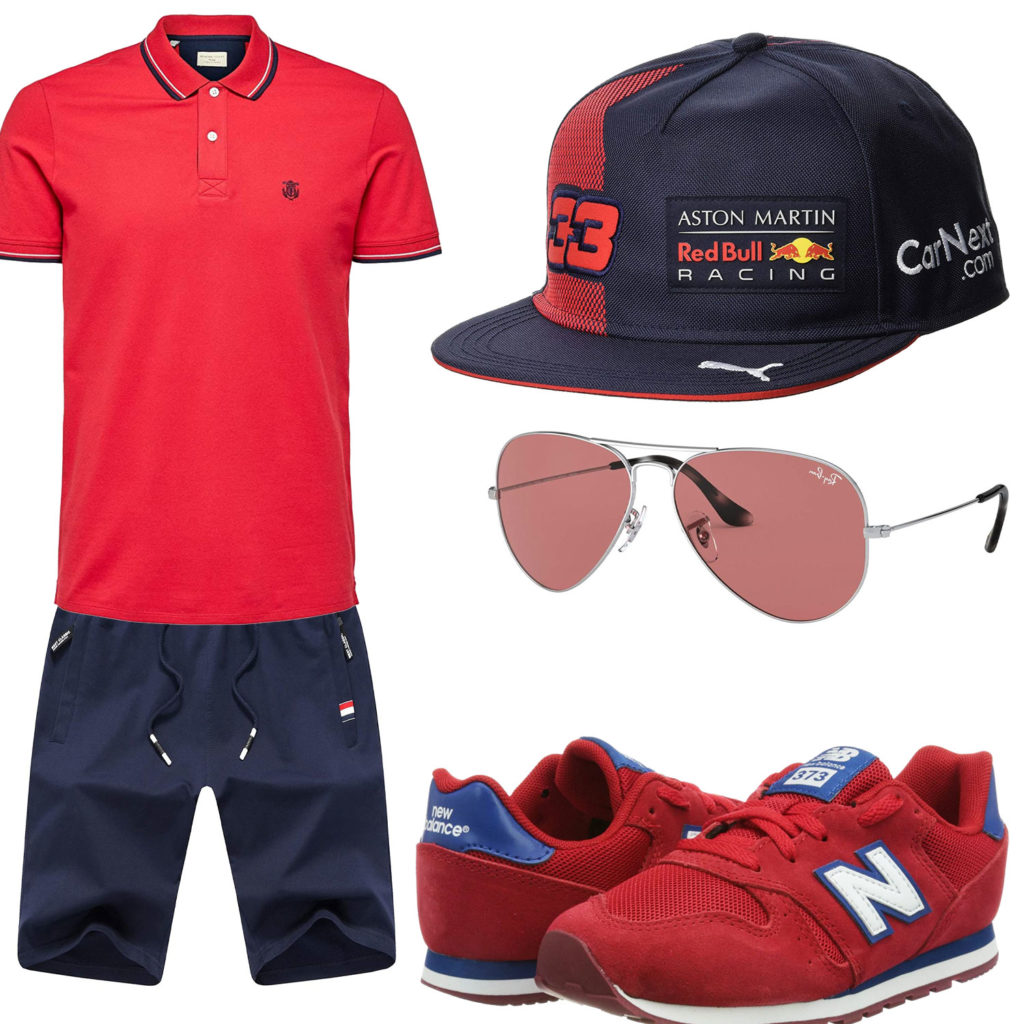 Blau-Rotes Herrenoutfit mit Poloshirt und Cap