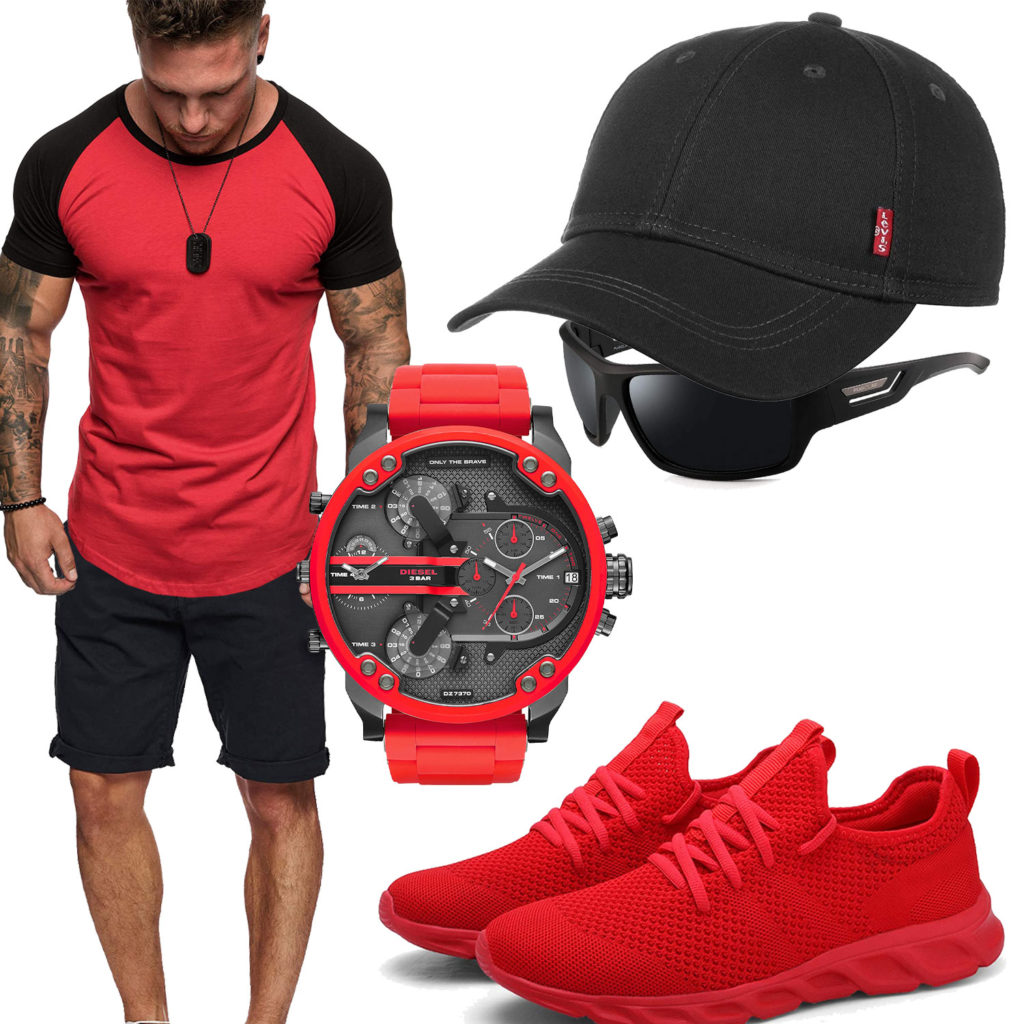 Schwarz-Rotes Herrenoutfit mit Shirt und Shorts