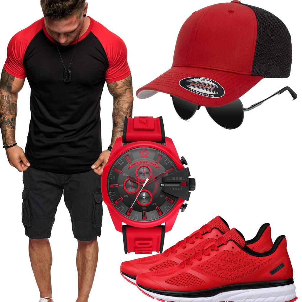Schwarz-Rotes Herrenoutfit mit Shirt, Cap und Uhr