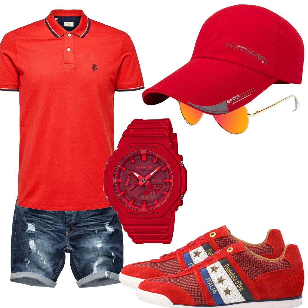 Rotes Herrenoutfit mit Poloshirt, Cap und Uhr