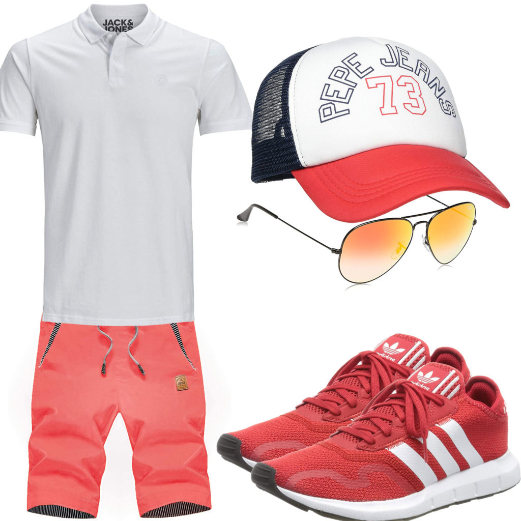 Weiß-Rotes Herrenoutfit mit Poloshirt, Cap und Sneakern