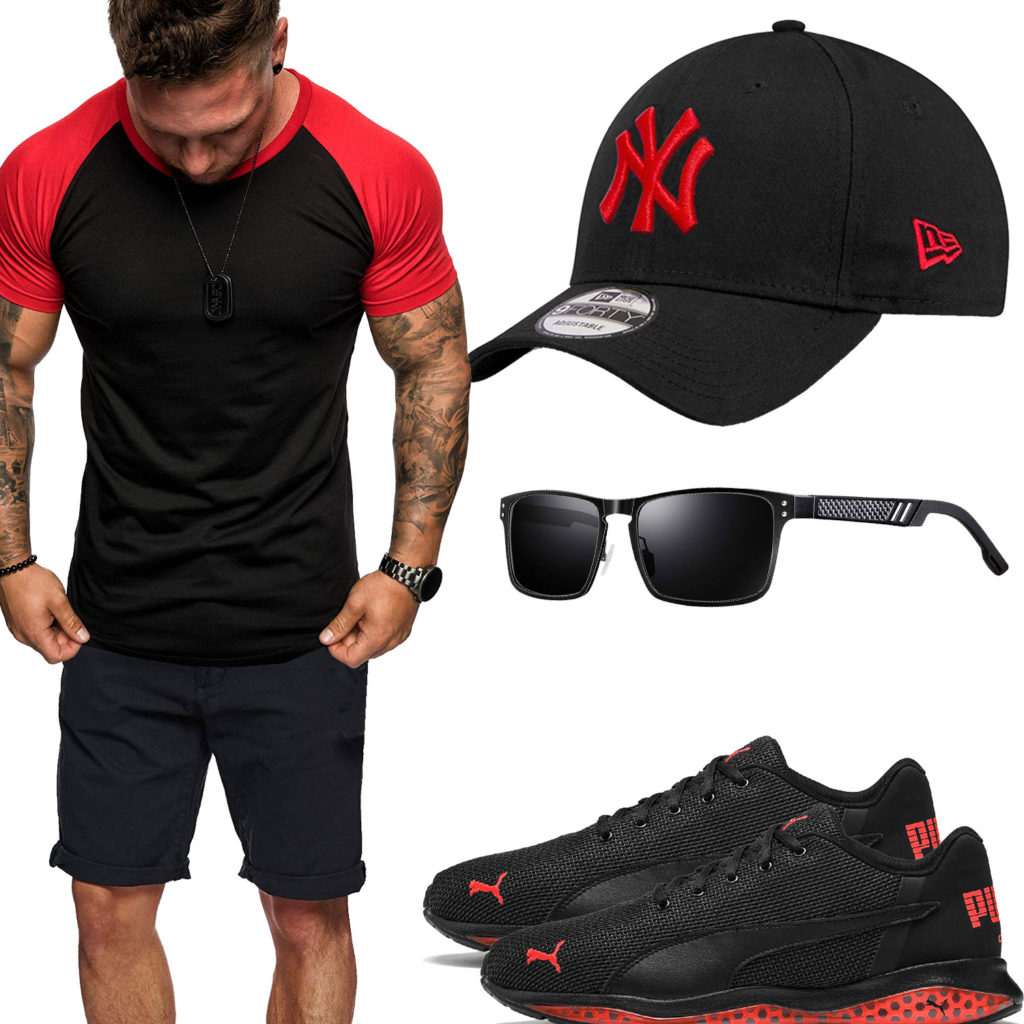 Schwarz-Rotes Herrenoutfit mit Shirt, Shorts und Cap