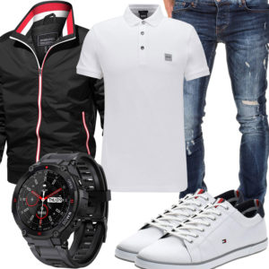 Schwarz-Weißes Herrenoutfit mit Poloshirt und Sneakern