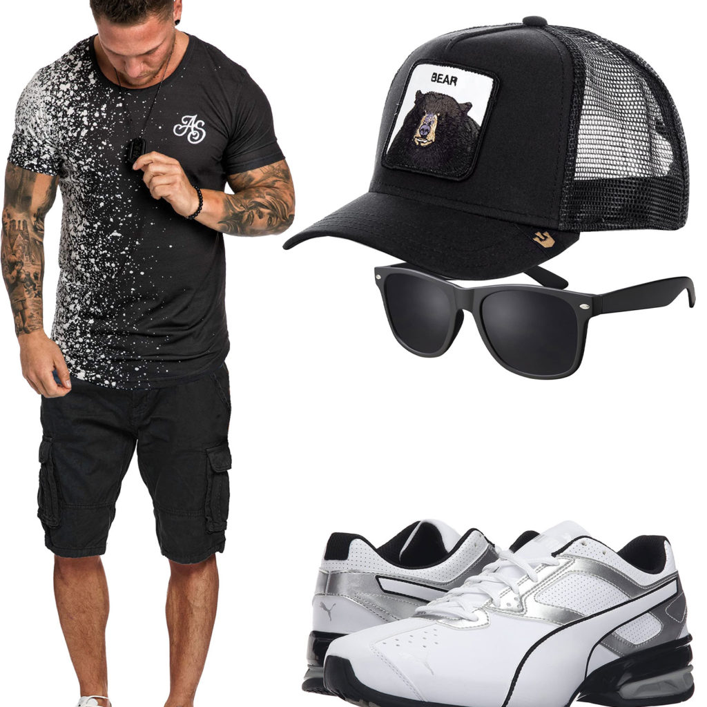 Schwarz-Weißes Herrenoutfit mit Cap und Sneakern