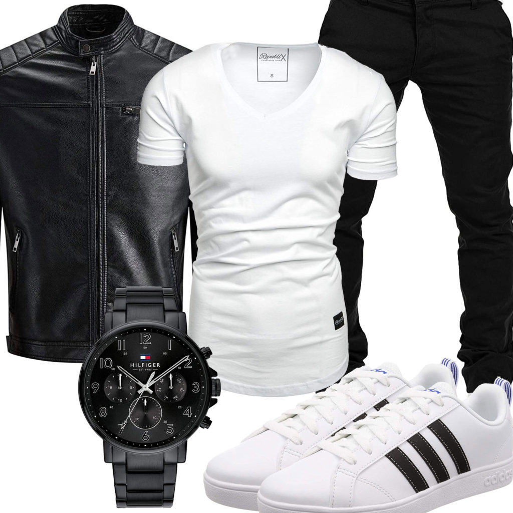Schwarz-Weißes Herrenoutfit mit Lederjacke und Uhr