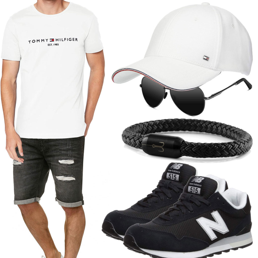 Schwarz-Weißes Herrenoutfit mit Tommy Hilfiger Cap und Shirt