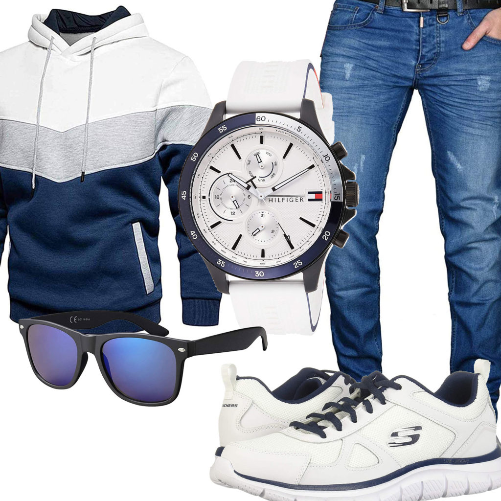 Blau-Weißes Herrenoutfit mit Hoodie und Jeans