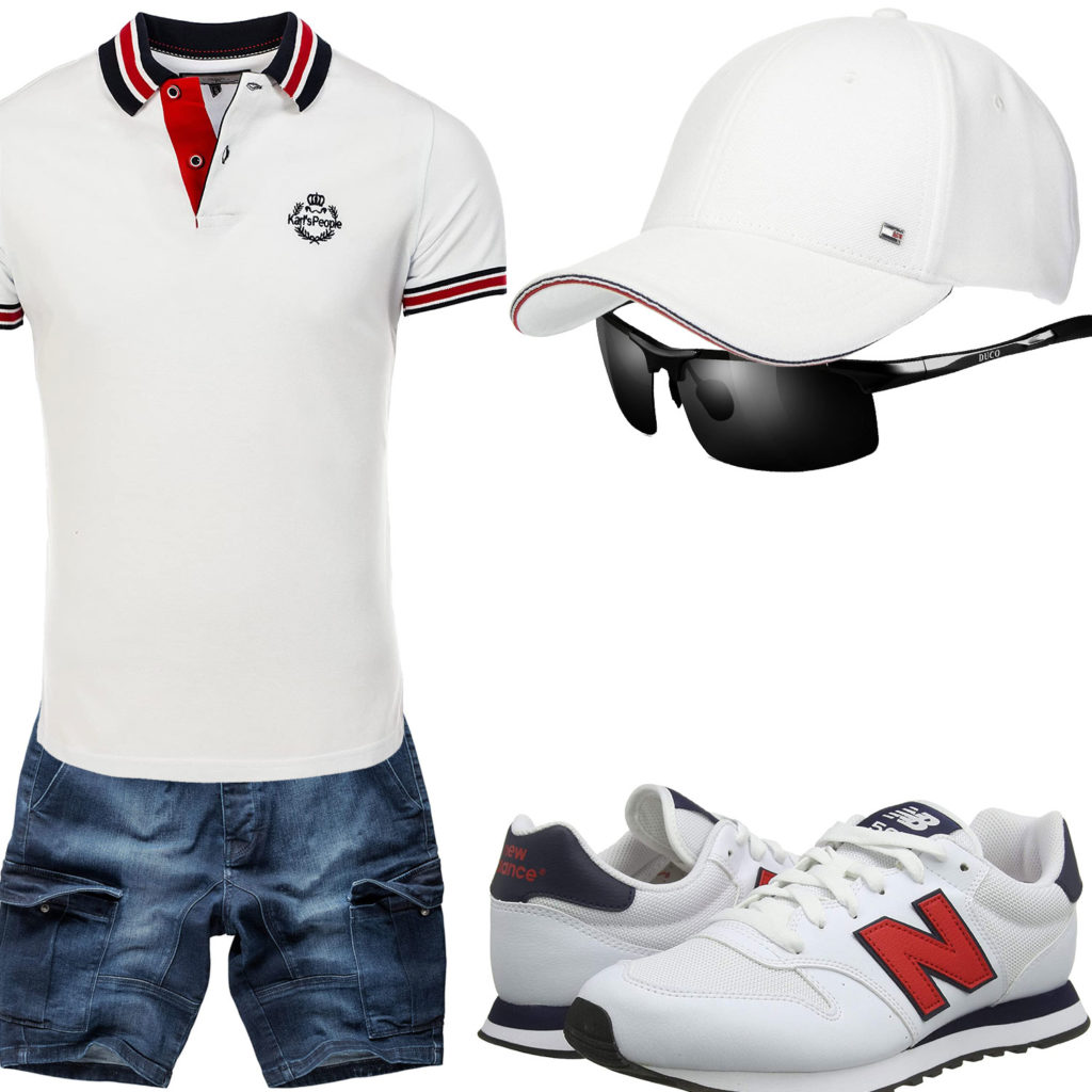 Weißes Herrenoutfit mit Cap, Sneakern und Poloshirt