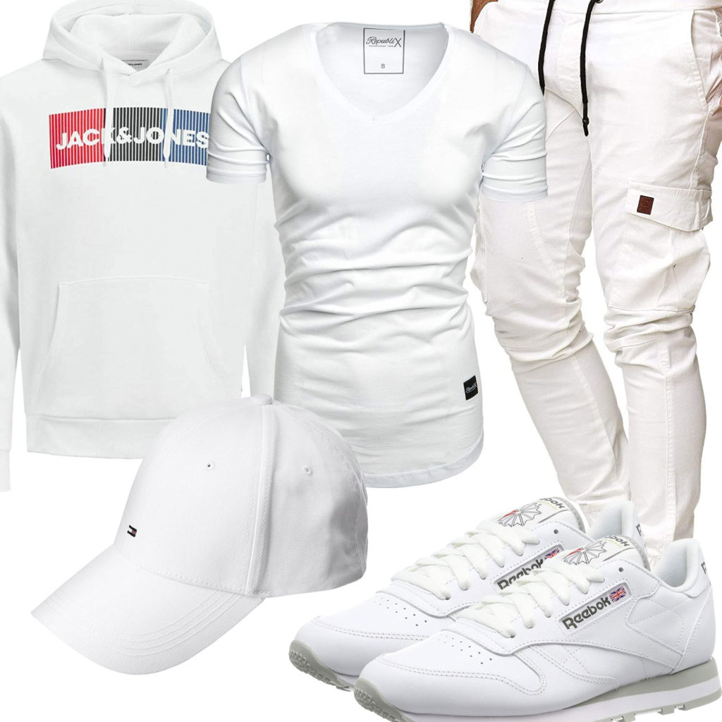Weißes Herrenoutfit mit Hoodie, Shirt und Cap