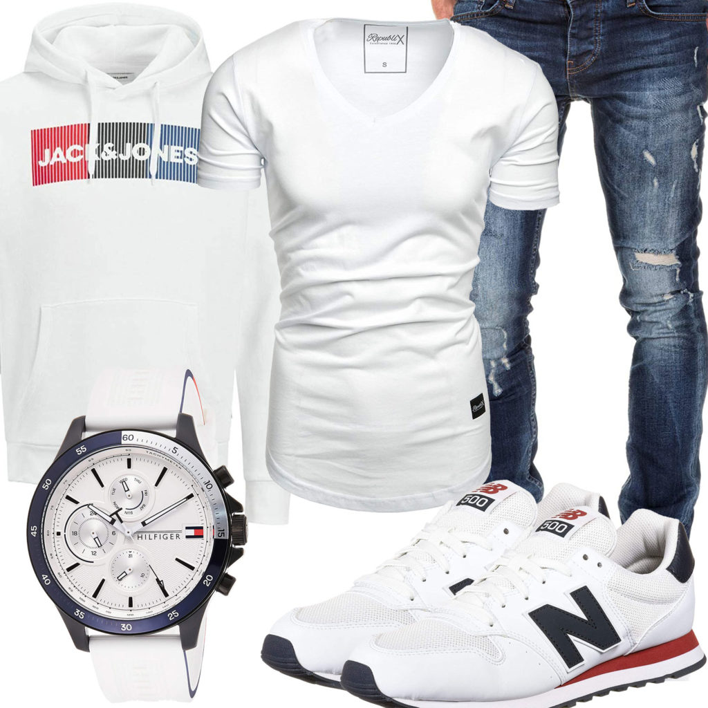 Weißes Herrenoutfit mit Hoodie, Shirt und Sneakern