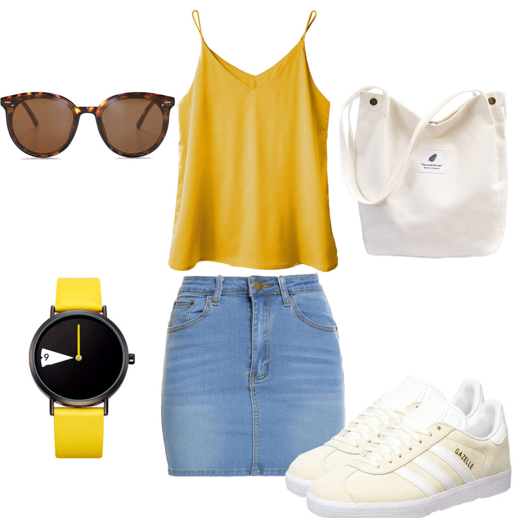 Damenoutfit mit gelbem Top, Uhr und Sonnenbrille