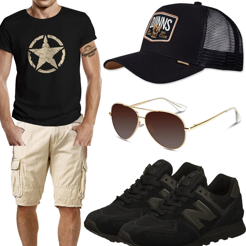 Beige-Schwarzes Herrenoutfit mit Shirt, Cap und Sneakern