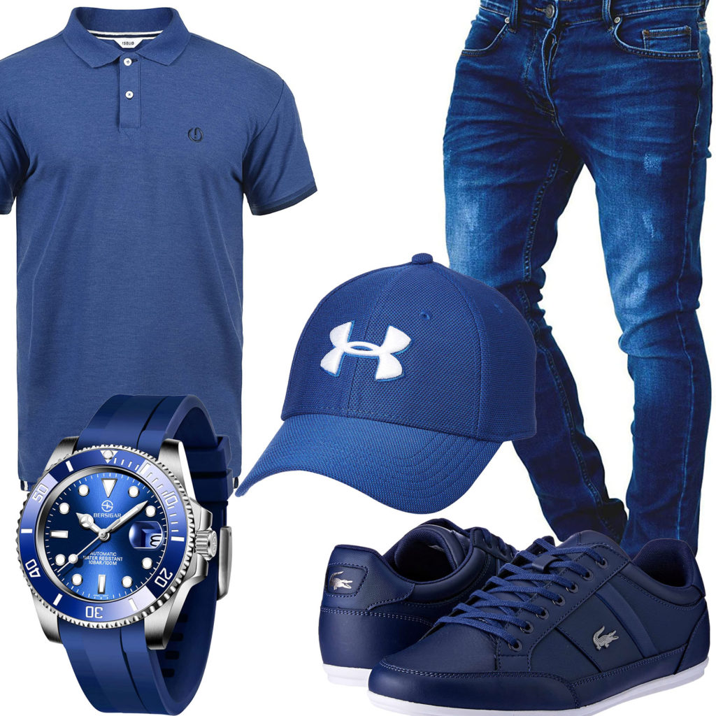 Blaues Herrenoutfit mit Poloshirt, Cap und Uhr