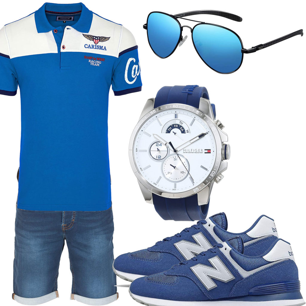 Blau-Weißes Herrenoutfit mit Uhr und Poloshirt