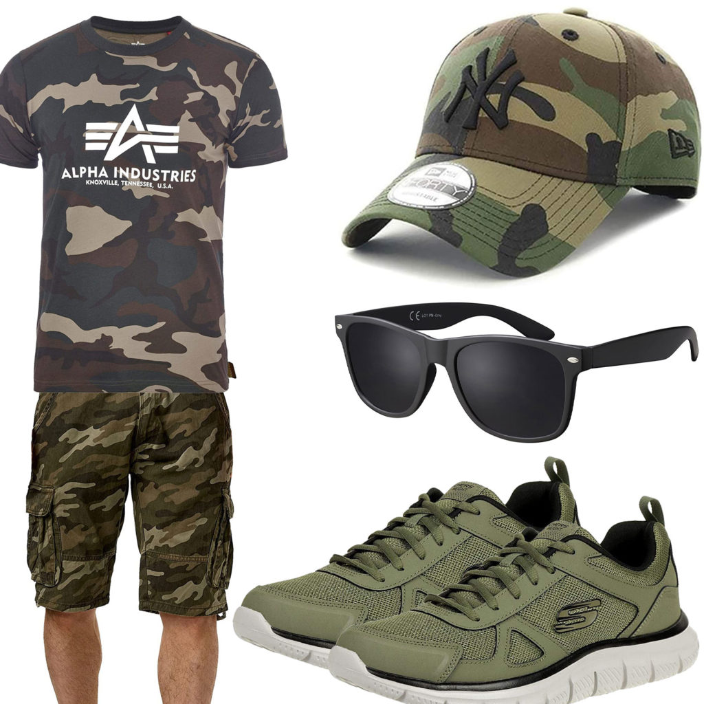 Camouflage Herrenoutfit mit Cap, Shirt und Shorts