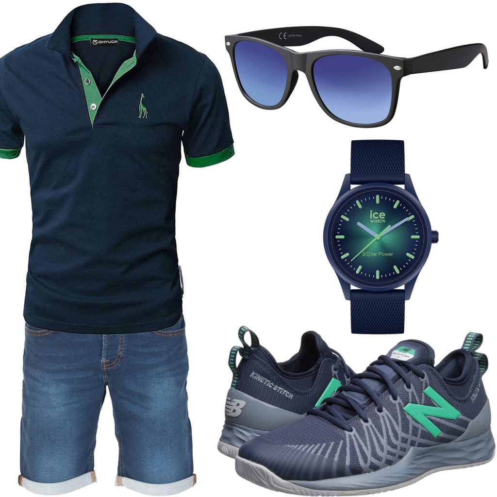 Grün-Blaues Herrenoutfit mit Poloshirt und Uhr