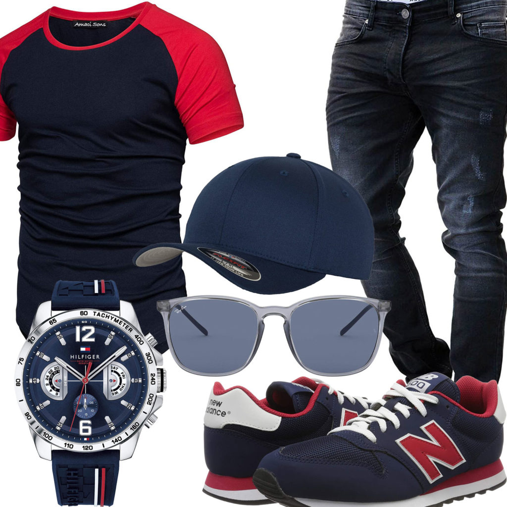 Sommer-Herrenoutfit mit dunkelblauer Jeans und Cap