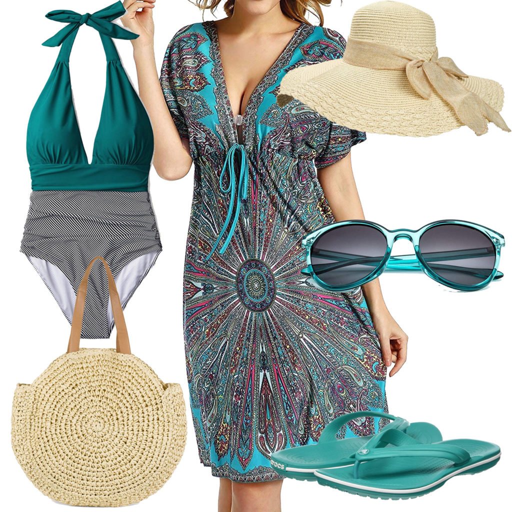Türkises Frauenoutfit mit Strandkleid und Sonnenbrille