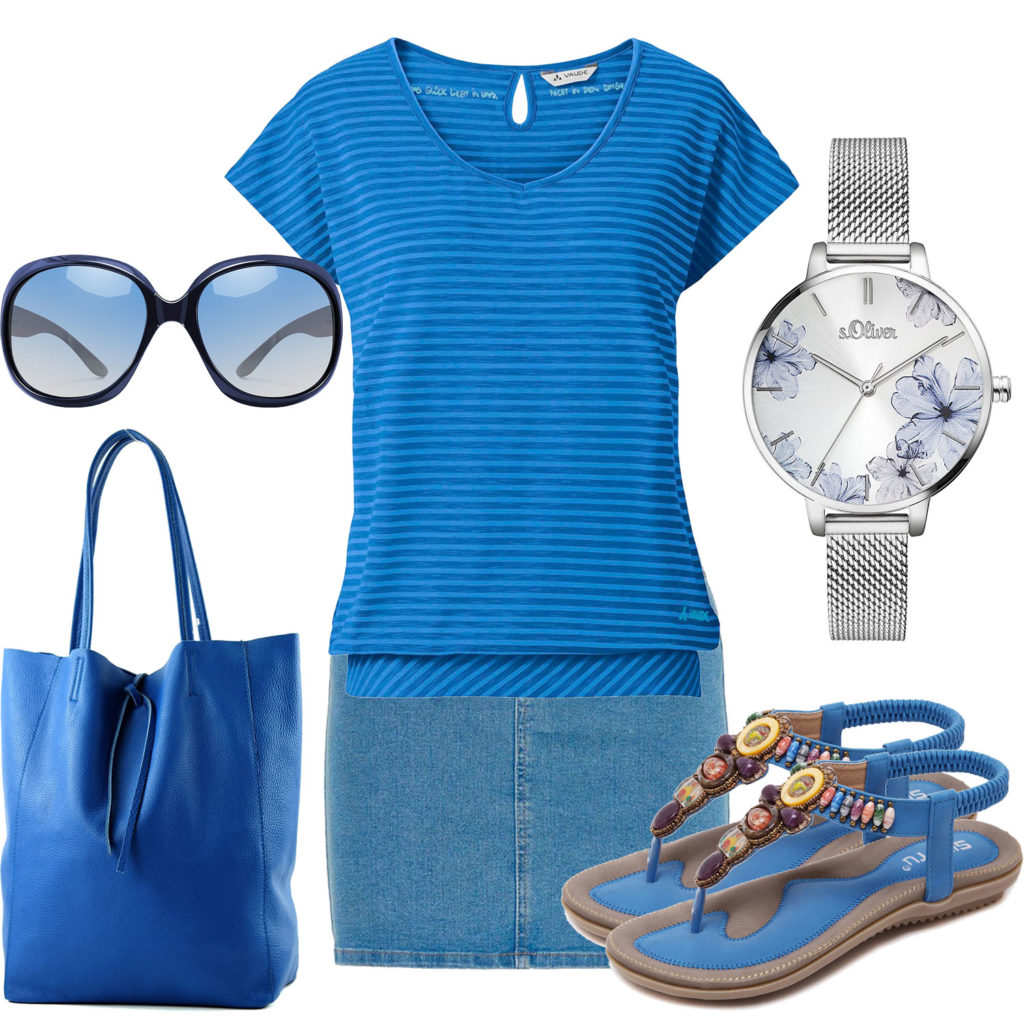Blaues Frauenoutfit mit Shirt, Rock und Uhr