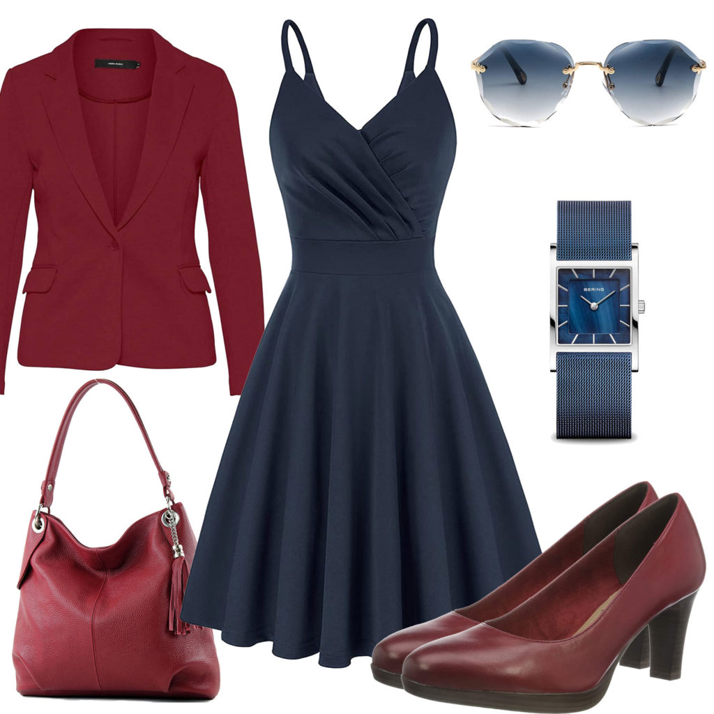 Damen-Style mit dunkelblauem Kleid und Brille