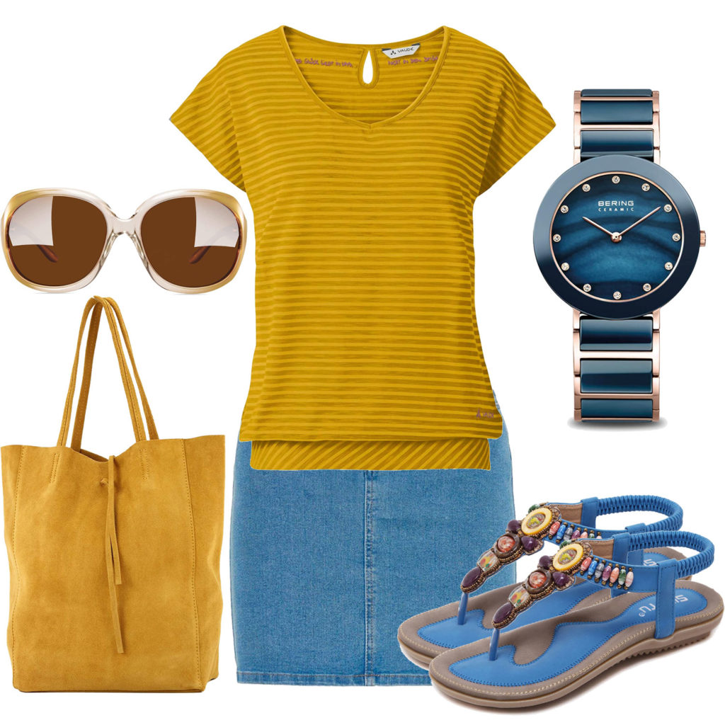 Gelb-Blaues Frauenoutfit mit Shirt und Jeansrock
