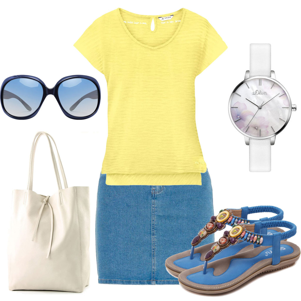 Blau-Gelbes Frauenoutfit mit Top und Uhr