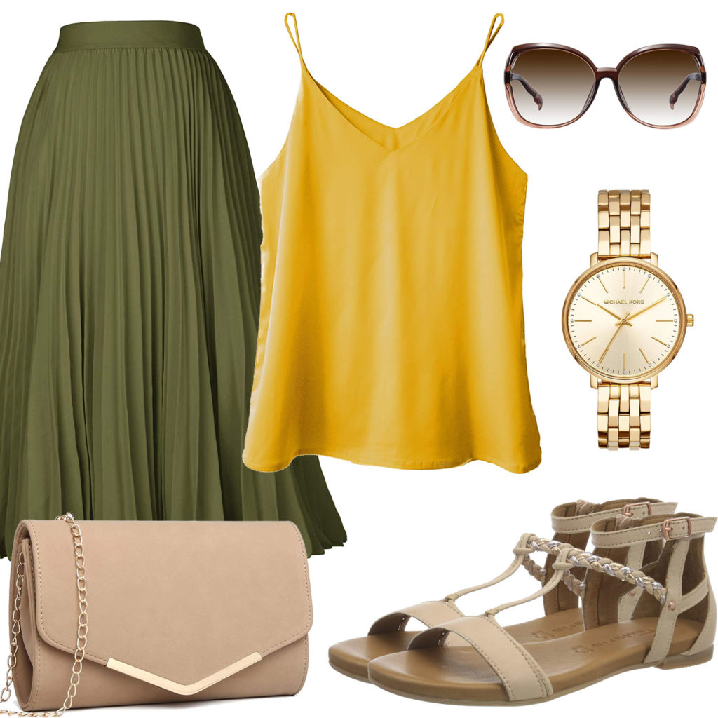 Sommer-Damenoutfit in Grün, Beige und Gelb