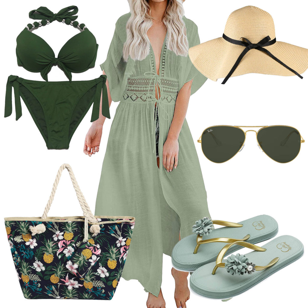 Grünes Damenoutfit mit Strandkleid und Bikini