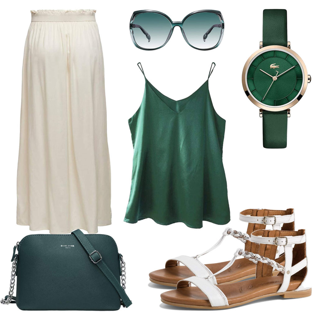 Grünes Damenoutfit mit Rock, Uhr und Tasche