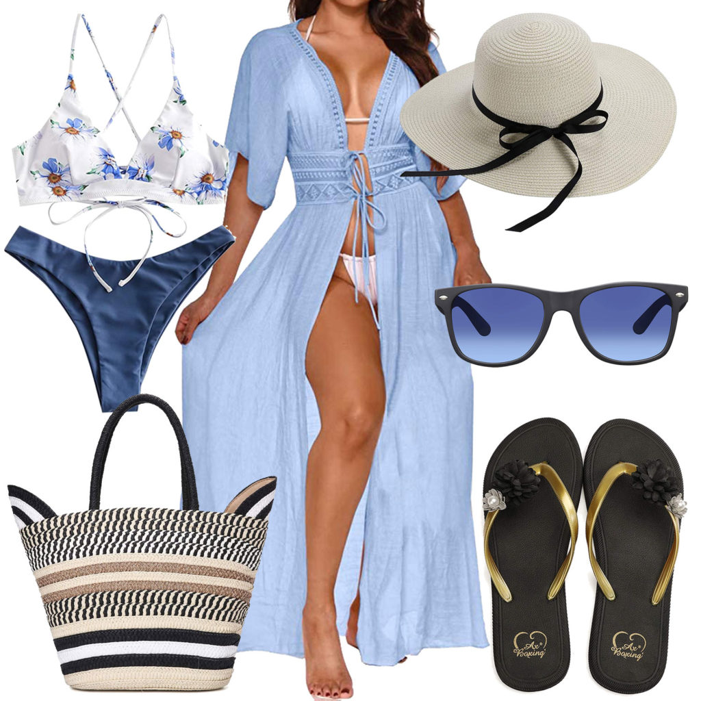 Sommer-Damenoutfit mit hellblauem Strandkleid