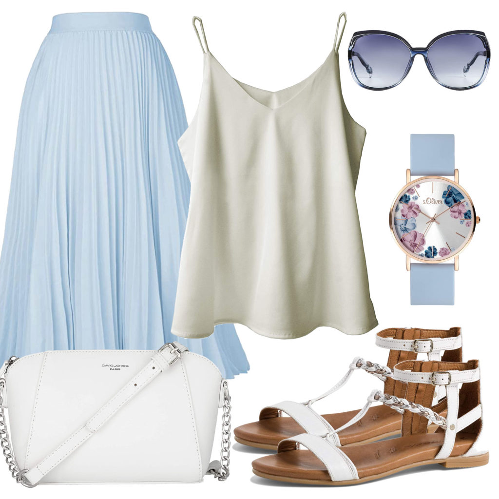 Sommer-Style mit hellblauem Rock, Uhr und Brille