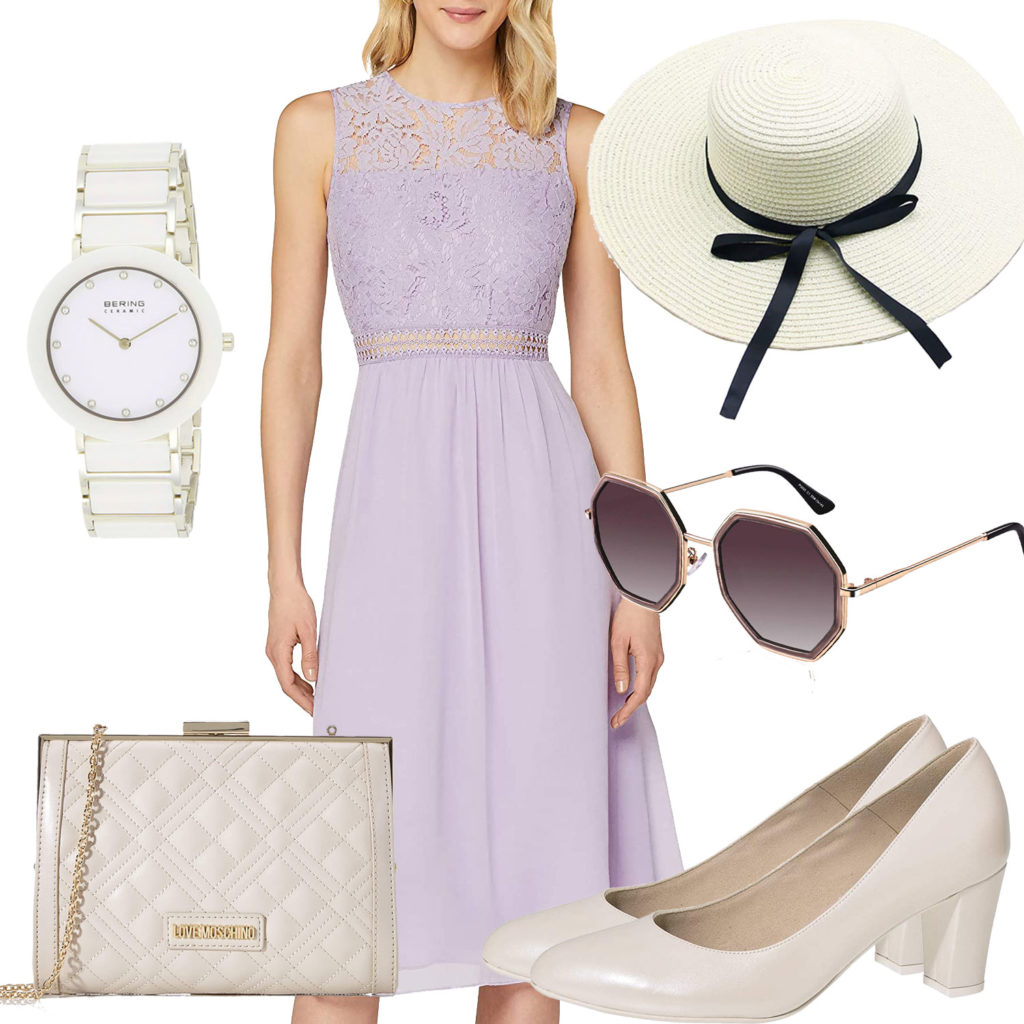 Weißes Sommer-Frauenoutfit mit lila Kleid