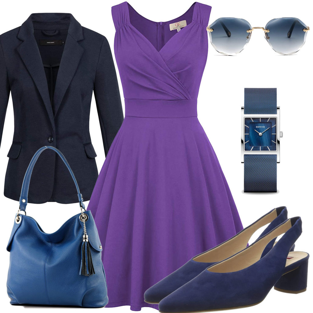 Elegantes Damenoutfit mit lila Kleid und Blazer
