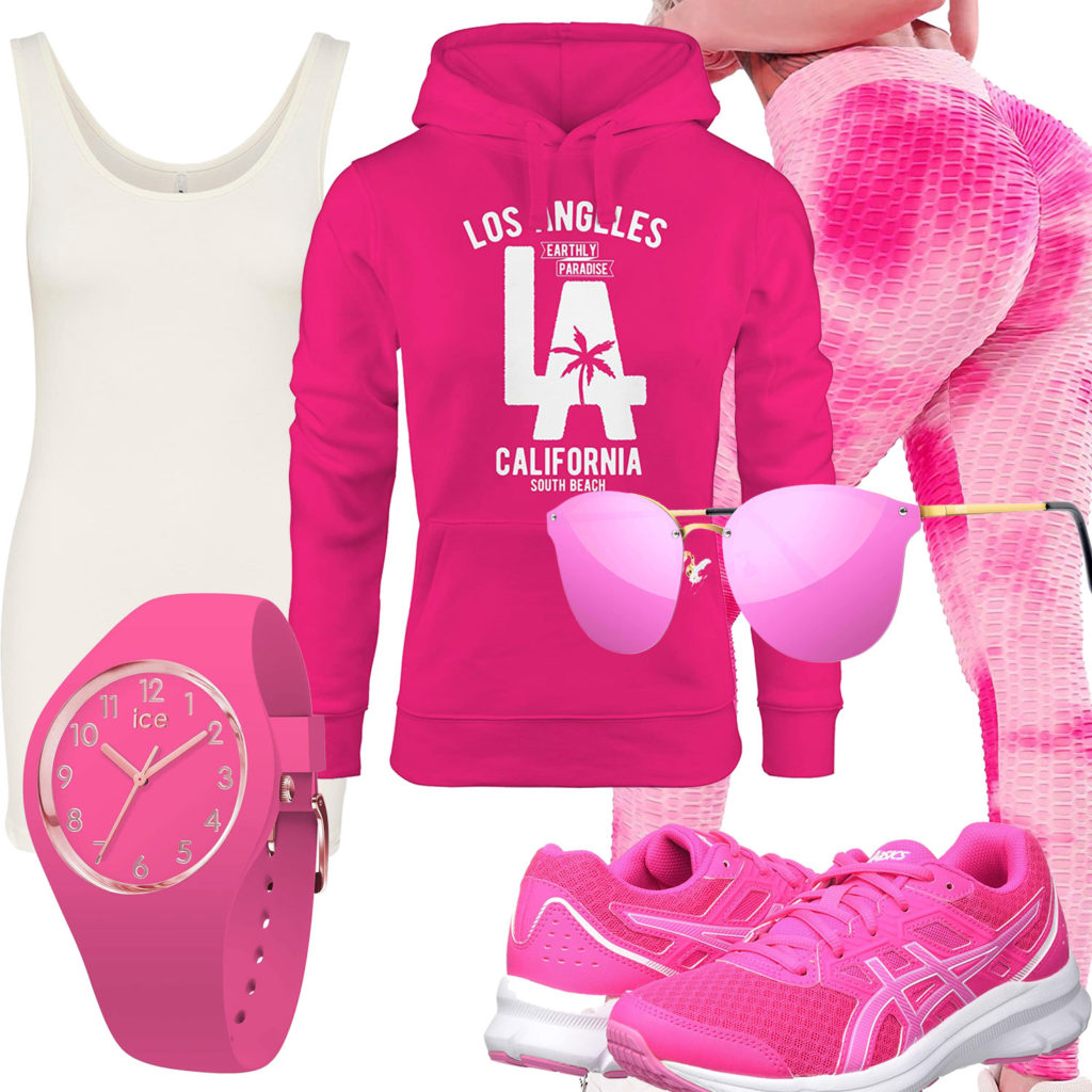 Pinkes Damenoutfit mit Leggings, Hoodie und Uhr