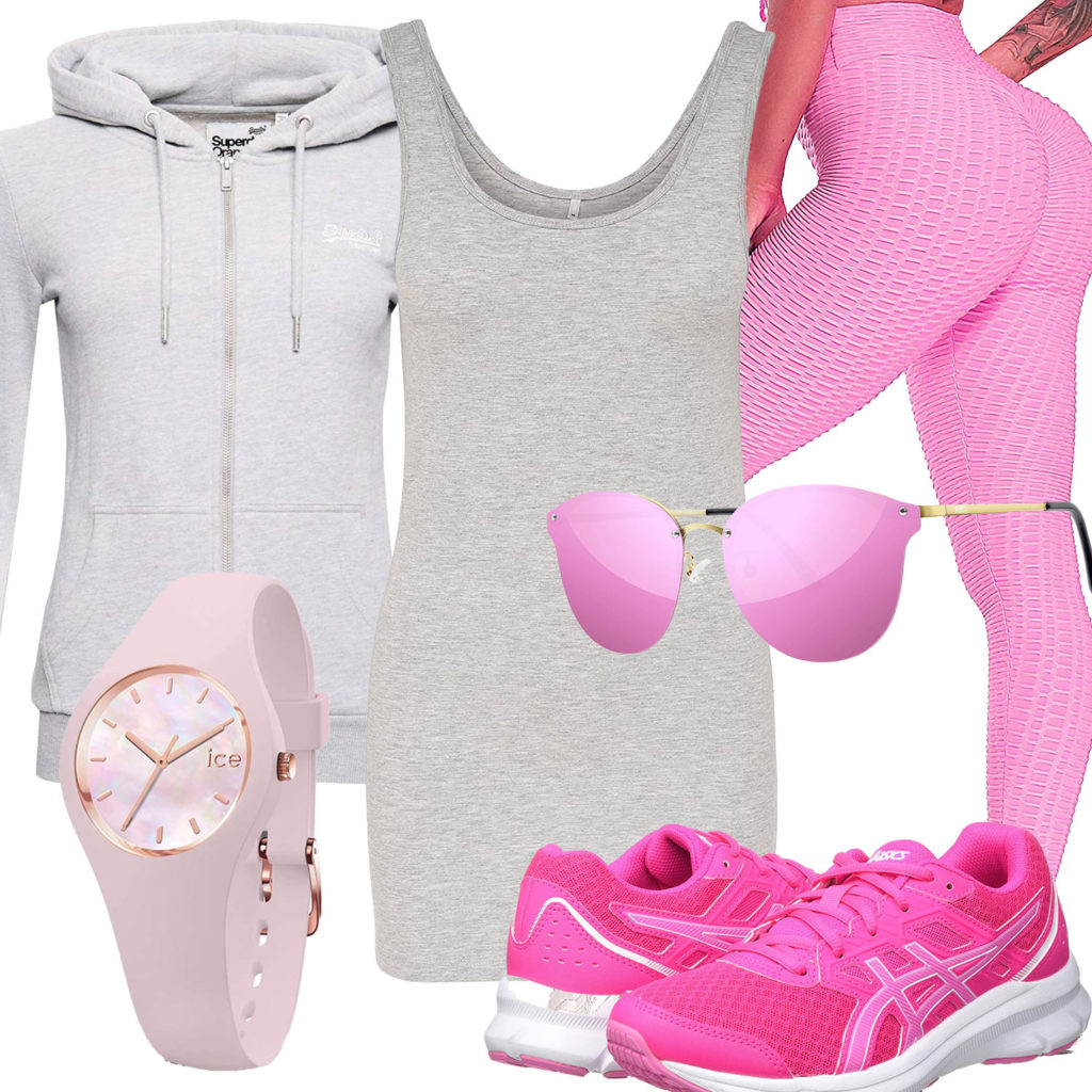 Pink-Graues Frauenoutfit mit Hoodie und Leggings