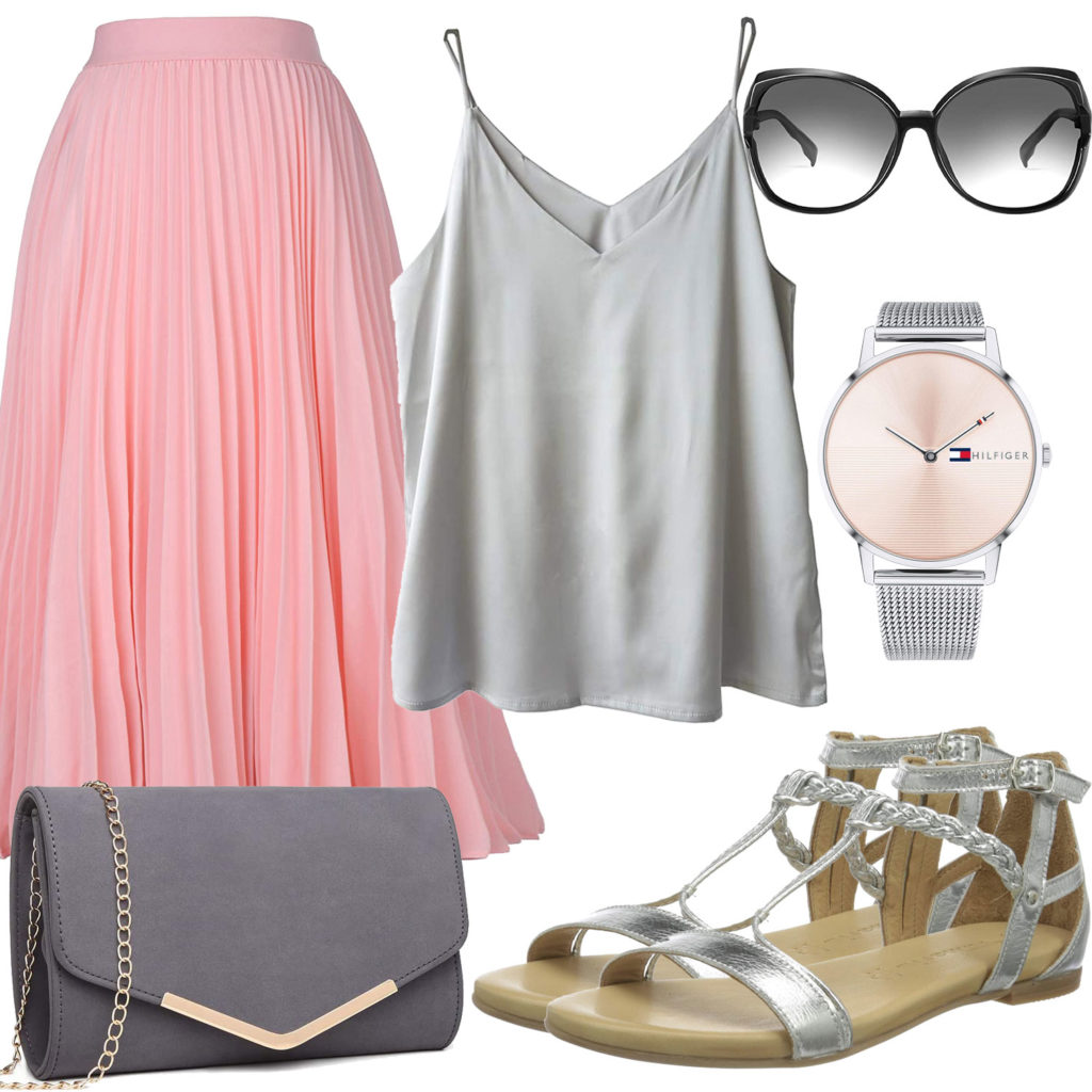 Sommer-Damenoutfit mit rosa Rock und Armbanduhr