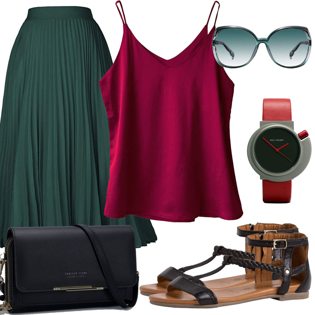 Sommer-Frauenoutfit in Rot, Schwarz und Grün