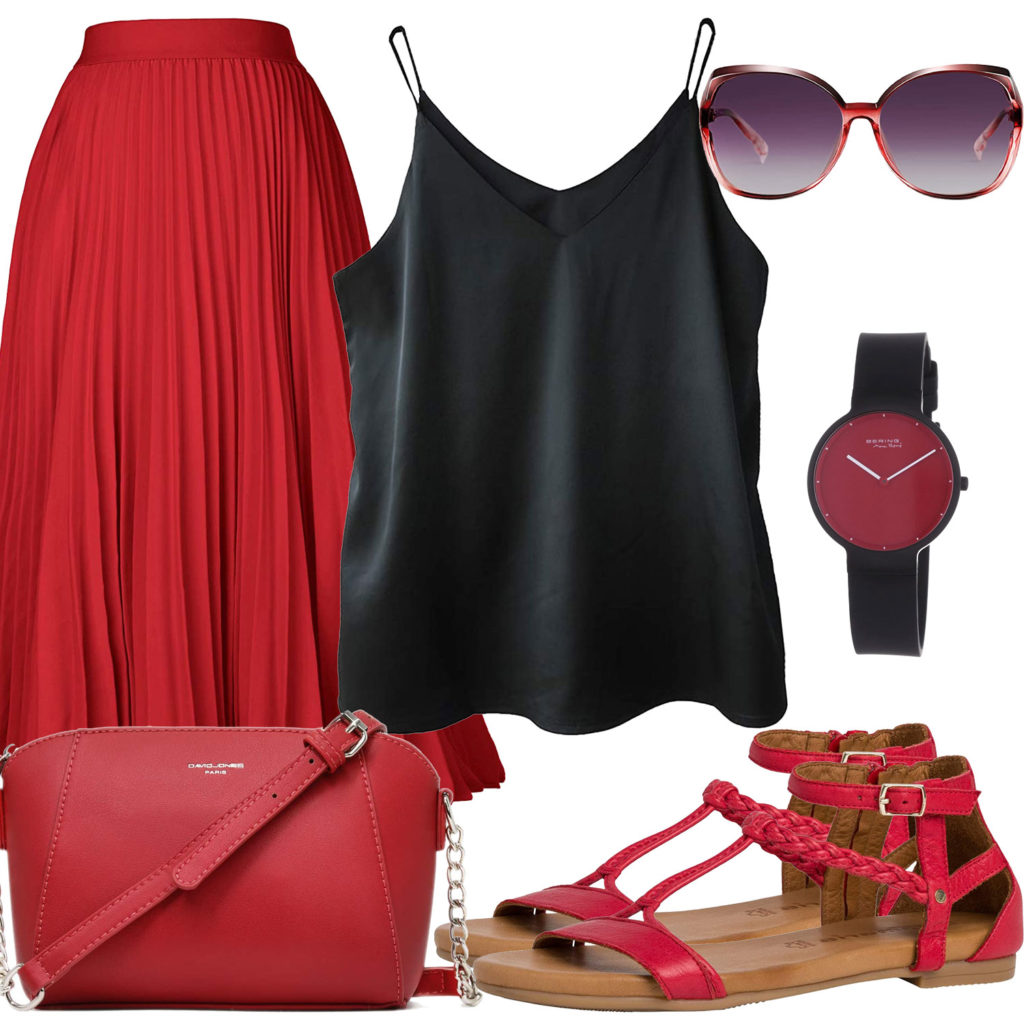 Schwarz-Rotes Frauenoutfit mit Top, Rock und Uhr