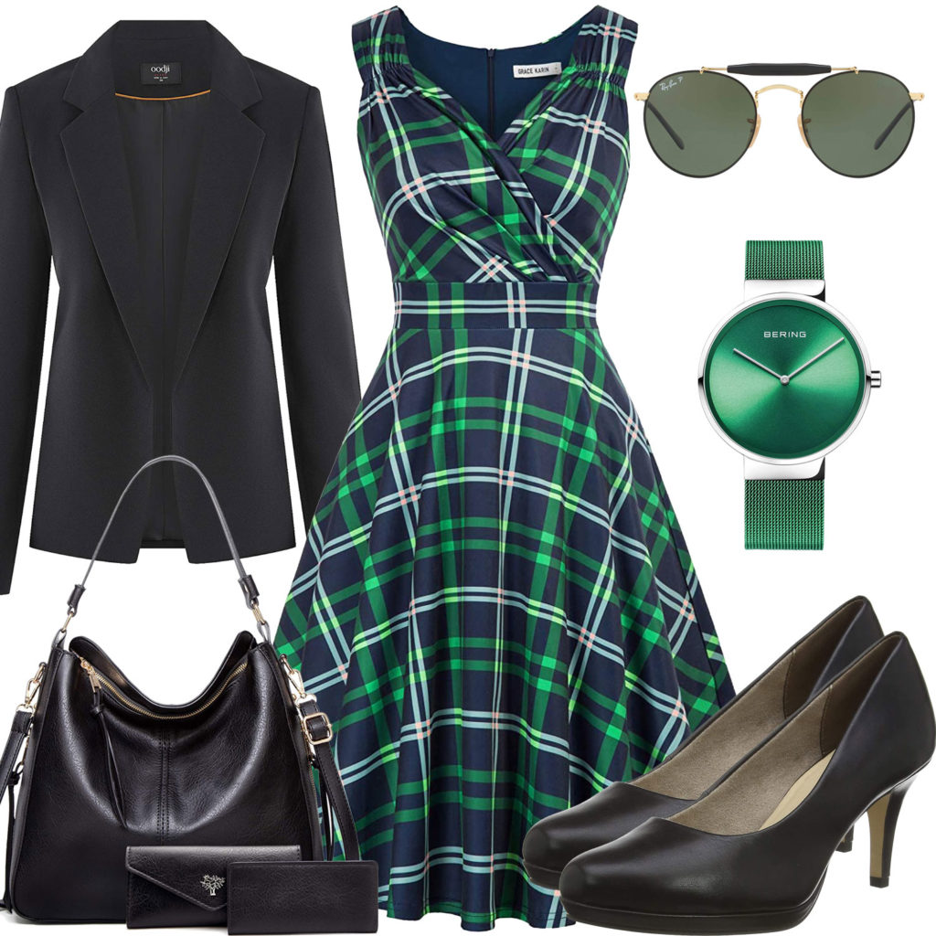 Damenoutfit mit dunkelgrünem Kleid und Uhr