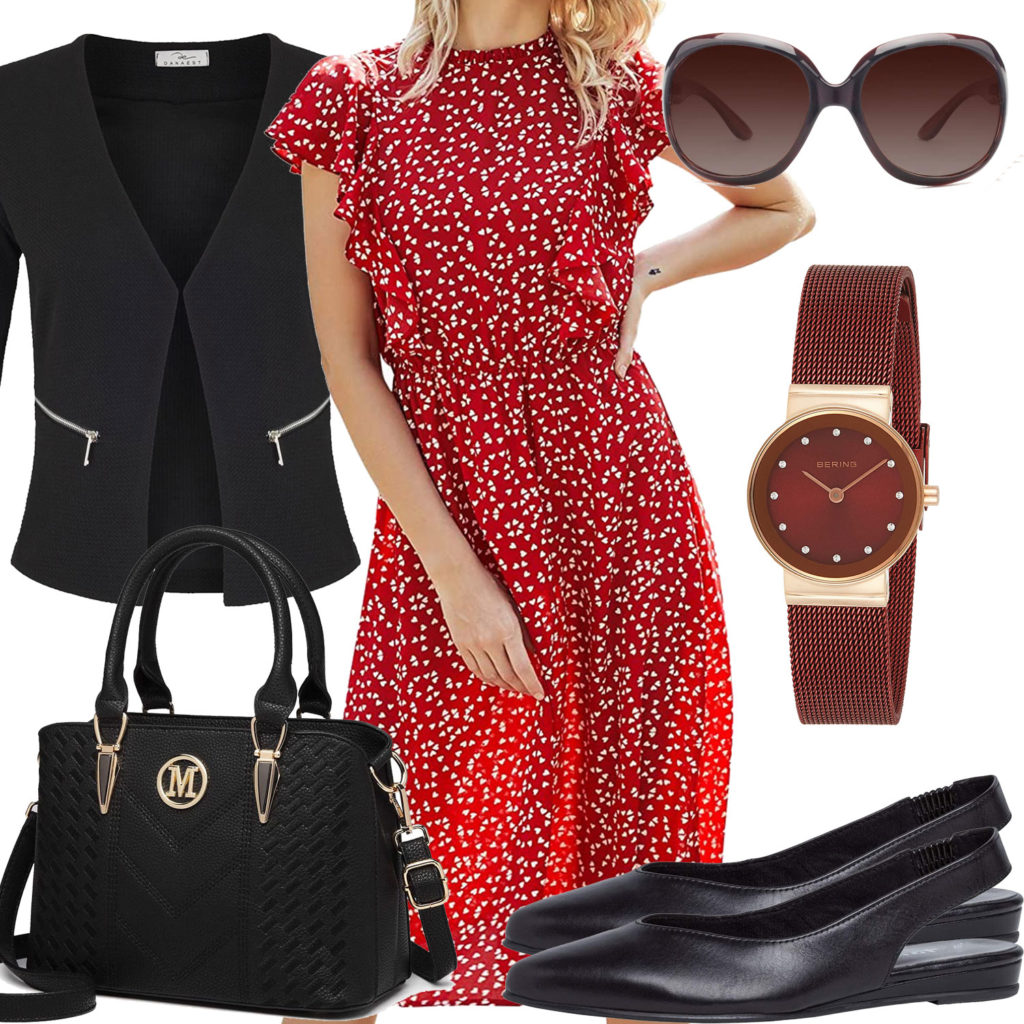 Schwarz-Rotes Frauenoutfit mit Kleid, Brille und Uhr