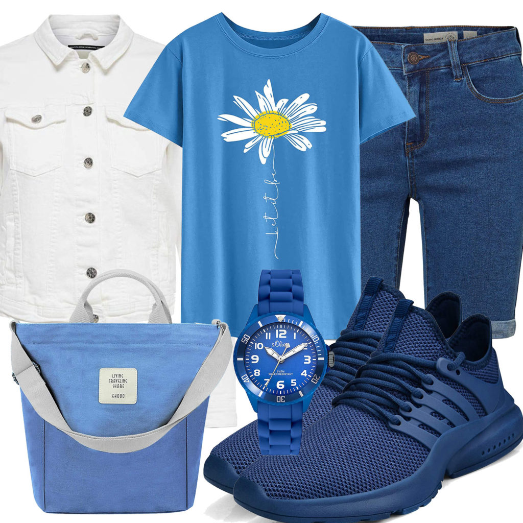 Blaues Damenoutfit mit Shirt und Shorts