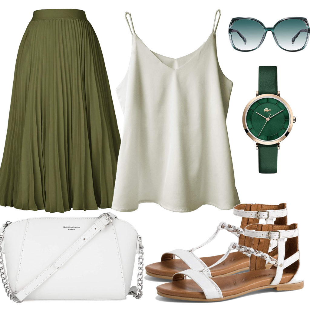 Grün-Weißes Frauenoutfit mit Rock und Top