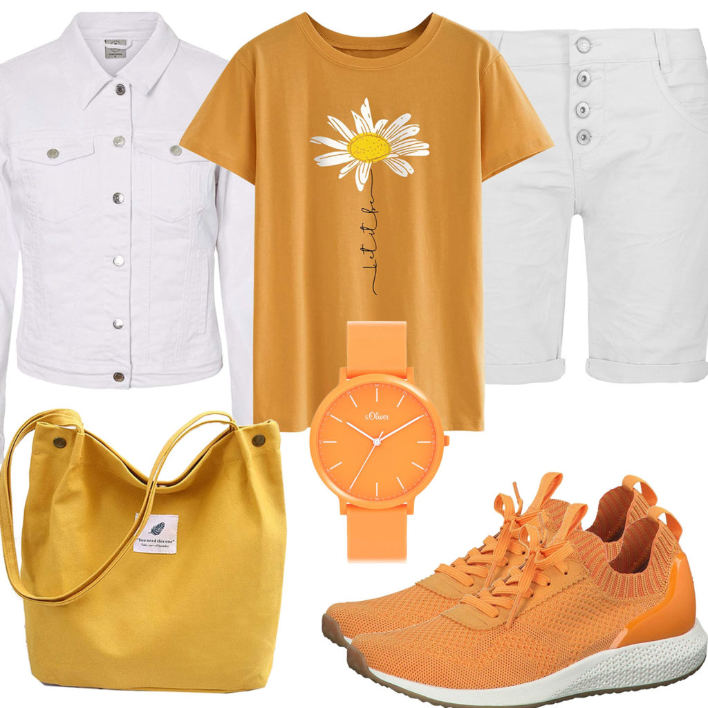 Gelb-Weißes Frauenoutfit mit Jeansjacke